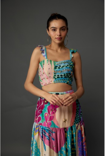 PS-TS0017-E  Aqua Tropical Print Dupion Silk Embroidered Bustier & Layered Skirt