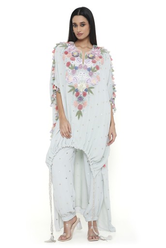 PS-KP0322-B  Aria Sea Foam Embroidered High Low Kaftan With Jogger Pant