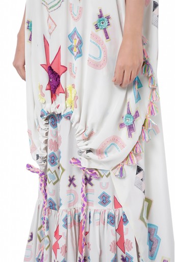PS-FW784  Aria White Printed Crepe Embroidered High-Low Kaftan with Frill Palazzo