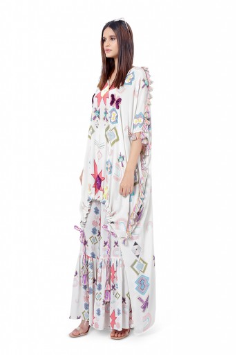 PS-FW784  Aria White Printed Crepe Embroidered High-Low Kaftan with Frill Palazzo