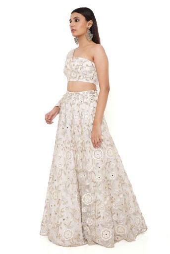 PS-LH0119  Arika Off White Organza Embroidered One Shoulder Top And Lehenga