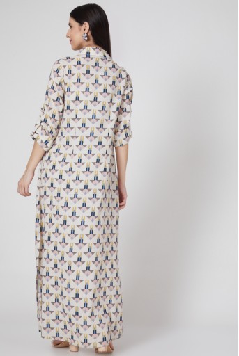 PS-TU1159  Arrow Print Art Crepe Ankle Length With Roll Up Sleeves Shirt Dress