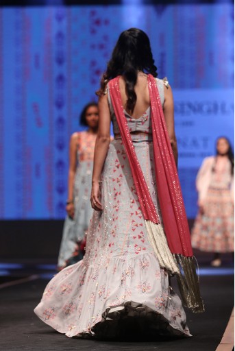 PS-FW620 Arsha Grey Printed Crepe Tie-up Choli with Crepe and Georgette Frill Lehenga and Cranberry Mukaish Georgette Dupatta
