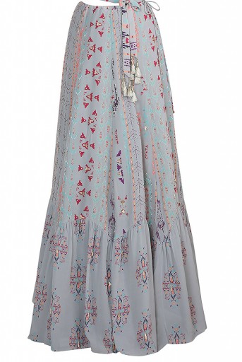 PS-FW620 Arsha Grey Printed Crepe Tie-up Choli with Crepe and Georgette Frill Lehenga and Cranberry Mukaish Georgette Dupatta