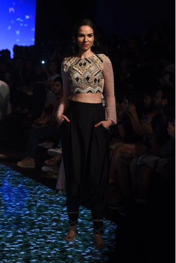 PS-FW691 Arsia Blush Crepe with Chanderi Cropped Anarkali and Black Lycra Low Crotch Pant
