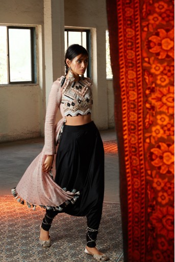 PS-FW691 Arsia Blush Crepe with Chanderi Cropped Anarkali and Black Lycra Low Crotch Pant