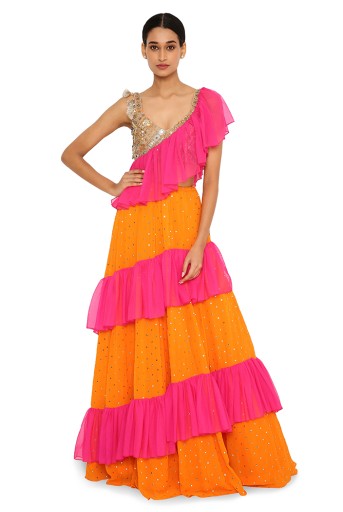 PS-LH0073   Aruba Orange Colour Georgette Embroidered Choli With Mukaish Georgette Lehenga And Hot Pink Net Frills