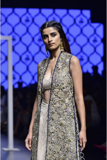PS-FW473 Ashna Navy Silk Jacket with Blush Silk Bustier and Palazzo