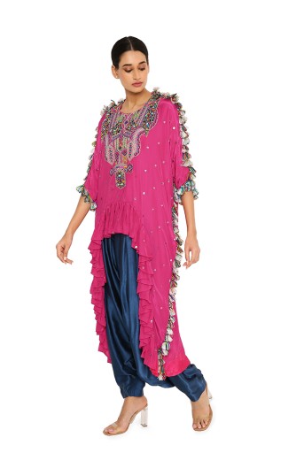 PS-TS0011  Asta Hot Pink Colour Silk Embroidered High-Low Kaftan With Midnight Blue Colour Salwaar