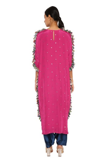 PS-TS0011  Asta Hot Pink Colour Silk Embroidered High-Low Kaftan With Midnight Blue Colour Salwaar