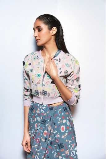 PS-FW713 Aviva Lavender Lime Printed Georgette Bomber Jacket and Grey Printed Saree