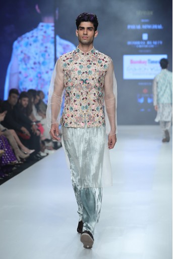 PS-FW684 Ayan Stone Organza Bandi with Kurta and Periwinkle Blue Velvet Low Crotch Pant