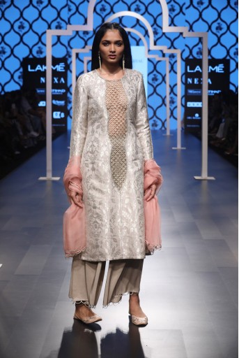PS-FW477 Azra Grey Brocade Kurta with Silk Bustier and Cropped Palazzo and Onion Pink Organza Dupatta