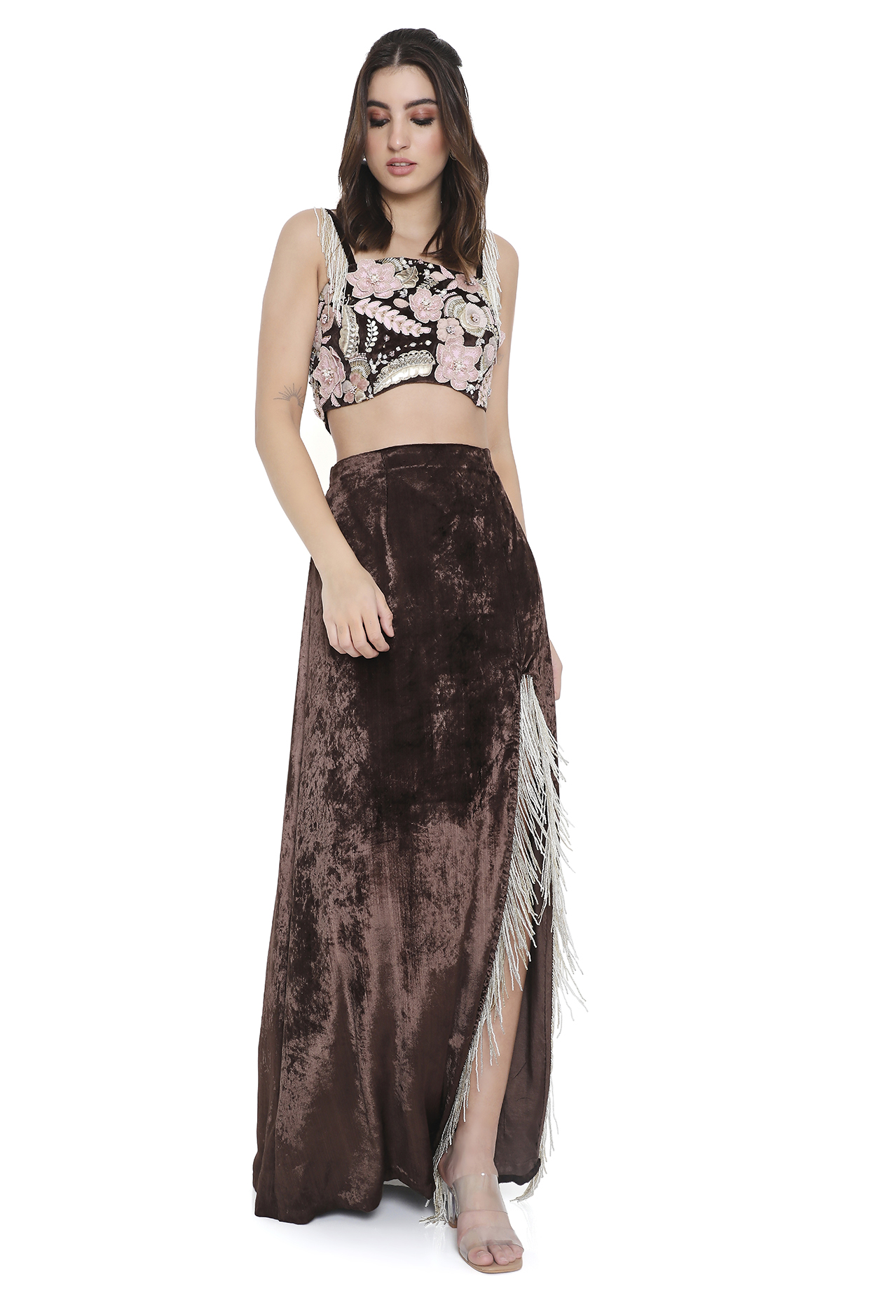 Azura Brown Embroidered Choli And Skirt With Slit