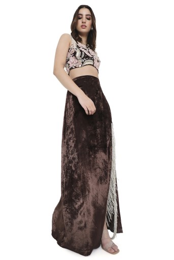PS-CS0123  Azura Brown Embroidered Choli And Skirt With Slit