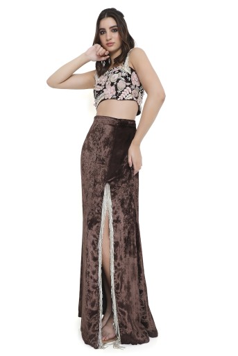 PS-CS0123  Azura Brown Embroidered Choli And Skirt With Slit