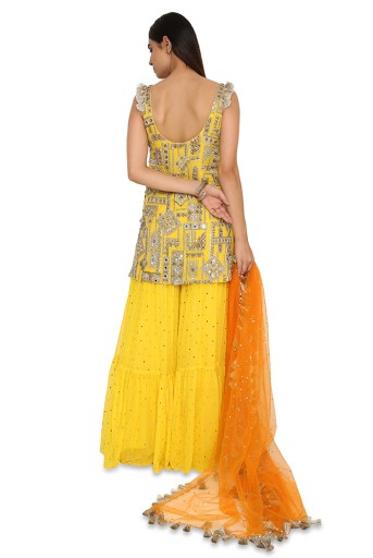 PS-KS0021  Banuka Yellow Colour Georgette Embroidered Kurta With Georgette Sharara And Net Dupatta