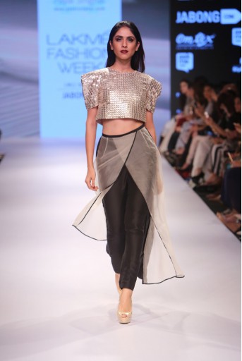 PS-FW352 Basant Stone Organza Crop Top with Black Silkmul Pant and Stone Organza Overlap