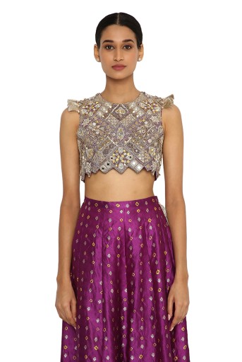 PS-CS0018  Belle Purple Colour Georgette Embroidered Choli With Purple Bandhani Skirt And Onion Pink Colour Bandhani Low Crotch Pants