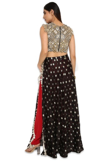PS-CS0016  Bianca Black Colour Embroidered Choli With Black Bandhani Skirt And Maroon Colour Low Crotch Pants