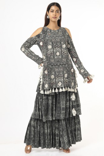 PS-KP0091-C  Black And White PS Print Embroidered Backless Kurta And One Frill Sharara