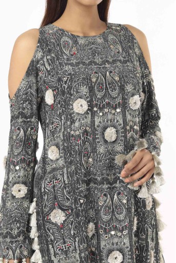 PS-KP0091-C  Black And White PS Print Embroidered Backless Kurta And One Frill Sharara