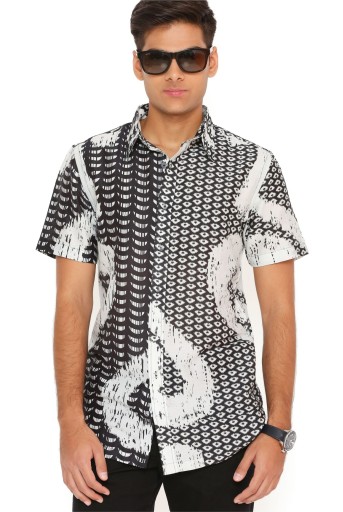 PS-MN366-K Black And White Uzbek Print Silkmul Shirt