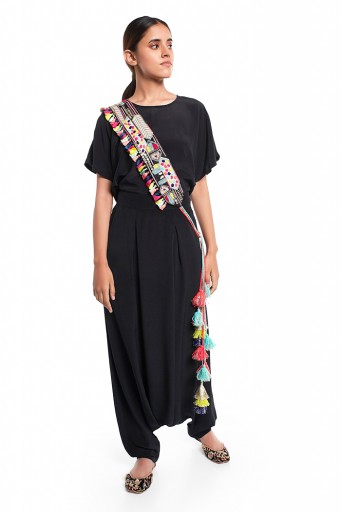 PS-PT0018  Black Colour Crepe Kaftan Top and Low Crotch Pant with Black Colour Dupion Silk Embroidered Mask and Tie-Up Belt