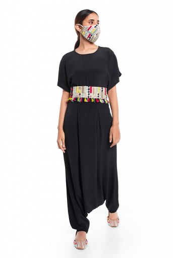 PS-PT0016  Black Colour Crepe Kaftan Top and Low Crotch Pant with Stone Colour Dupion Silk Embroidered Mask and Tie-Up Belt
