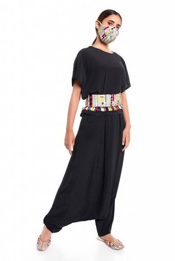 PS-PT0016  Black Colour Crepe Kaftan Top and Low Crotch Pant with Stone Colour Dupion Silk Embroidered Mask and Tie-Up Belt