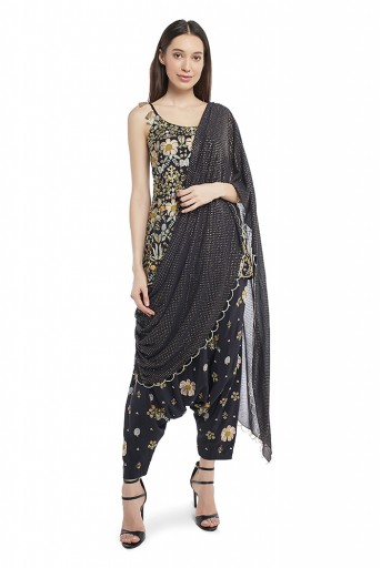 PS-FW538-G  Black Colour Crepe Short Anarkali Top and Low Crotch Pant with Attached Mukaish Georgette Drape
