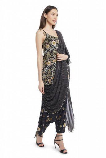 PS-FW538-G  Black Colour Crepe Short Anarkali Top and Low Crotch Pant with Attached Mukaish Georgette Drape