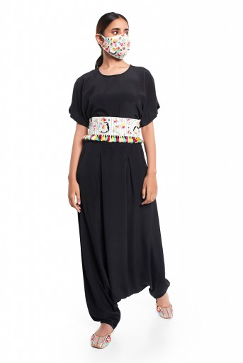 PS-PT0020  Black Colour Crepe Short Kaftan Top and Low Crotch Pant with Cream Colour Linen Embroidered Mask and Tie Up Belt