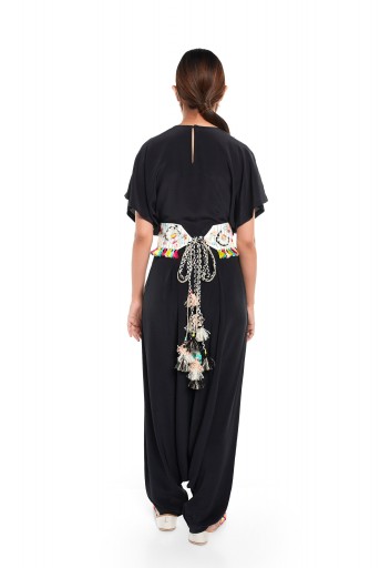 PS-PT0020  Black Colour Crepe Short Kaftan Top and Low Crotch Pant with Cream Colour Linen Embroidered Mask and Tie Up Belt