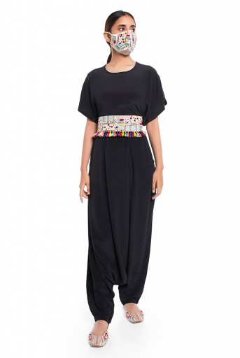 PS-PT0021  Black Colour Crepe Short Kaftan Top and Low Crotch Pant with Cream Crepe Embroidered Mask and Tie Up Belt
