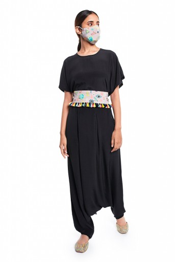 PS-PT0022  Black Colour Crepe Short Kaftan Top and Low Crotch Pant with Lavender Lime Bandhani Kilim Print Crepe Embroidered Mask and Tie Up Belt