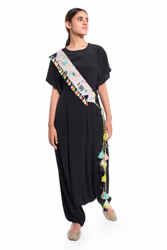 PS-PT0022  Black Colour Crepe Short Kaftan Top and Low Crotch Pant with Lavender Lime Bandhani Kilim Print Crepe Embroidered Mask and Tie Up Belt