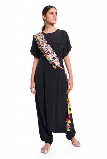 PS-PT0024  Black Colour Crepe Short Kaftan Top and Low Crotch Pant with Stone Dupion Silk Embroidered Mask and Tie Up Belt