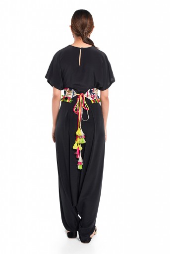 PS-PT0024  Black Colour Crepe Short Kaftan Top and Low Crotch Pant with Stone Dupion Silk Embroidered Mask and Tie Up Belt