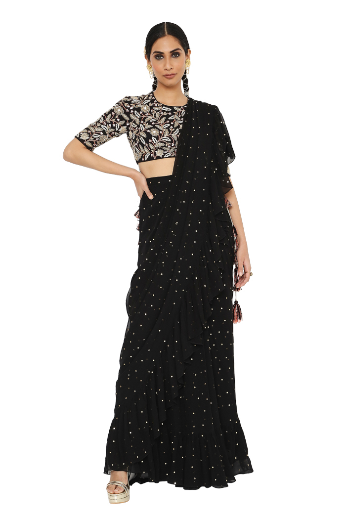 Buy Ahalyaa Women's Black Georgette Ruffles Ready to Wear Saree Online at  Best Price | Distacart