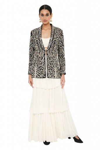 PS-JK0035 Zuma Black Colour Embroidered Jacket With Off White Colour Bustier And Frill Sharara