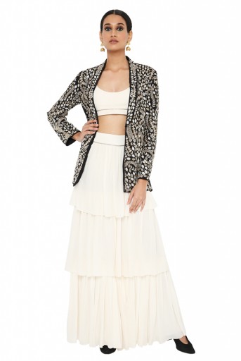 PS-JK0035 Zuma Black Colour Embroidered Jacket With Off White Colour Bustier And Frill Sharara