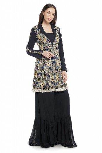 PS-FW656-B  Black Colour Georgette Jacket with Frill Palazzo