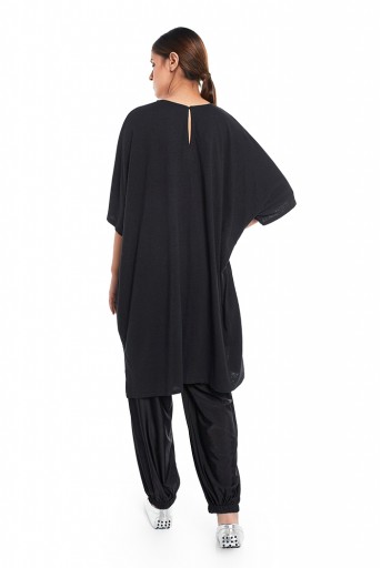 PS-TP0042  Black Colour Jersey High Low Tunic with Burnt Orange Colour Jersey Pocket Detailing