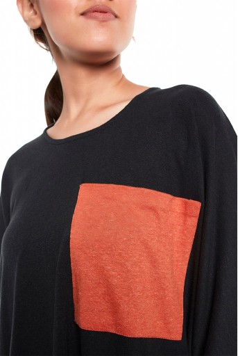 PS-TP0042  Black Colour Jersey High Low Tunic with Burnt Orange Colour Jersey Pocket Detailing