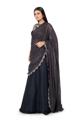 PS-ST0993-D  Black Colour Silk Choli and Lehenga with Attached Mukaish Georgette Drape Dupatta