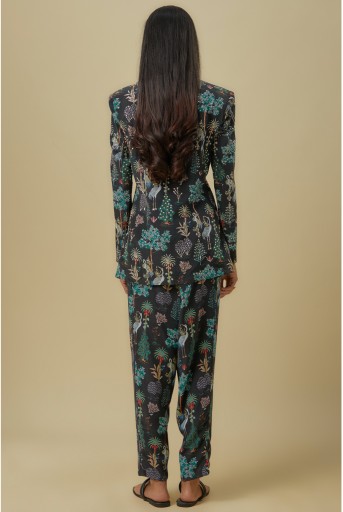 PS-JK0130-H Black Crane Print Lifted Jacket With Plain Bustier And Pants.
