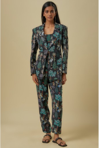 PS-JK0130-H Black Crane Print Lifted Jacket With Plain Bustier And Pants.