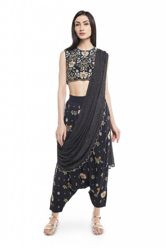 PS-FW538-F  Black Crepe Choli and Low Crotch Pant with attached Mukaish Georgette Drape Dupatta