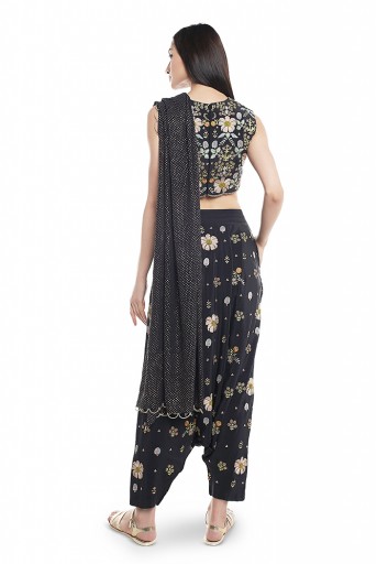 PS-FW538-F  Black Crepe Choli and Low Crotch Pant with attached Mukaish Georgette Drape Dupatta